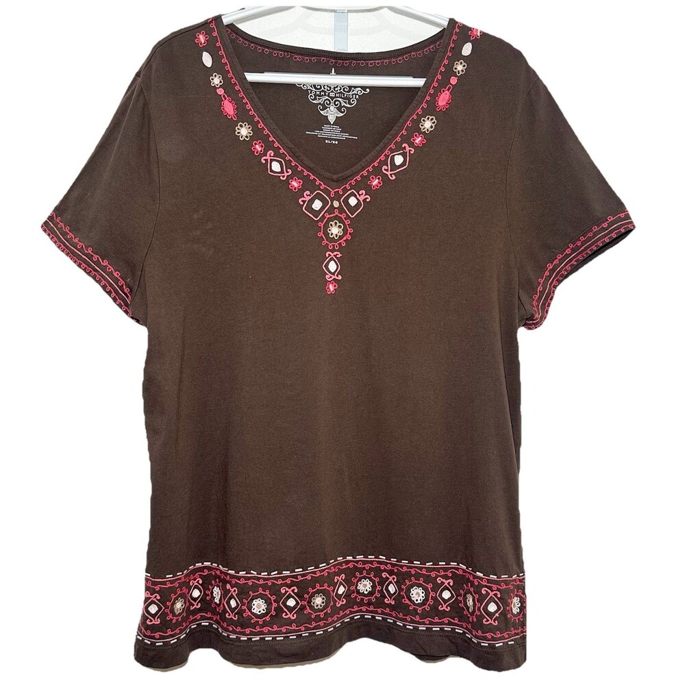 Tommy Hilfiger Boho Embroidered Top Brown Pink Cotton X